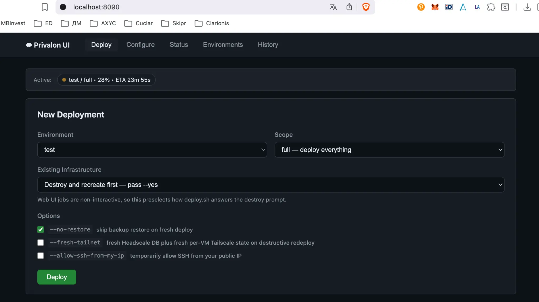 Privalon Web UI - New Deployment form