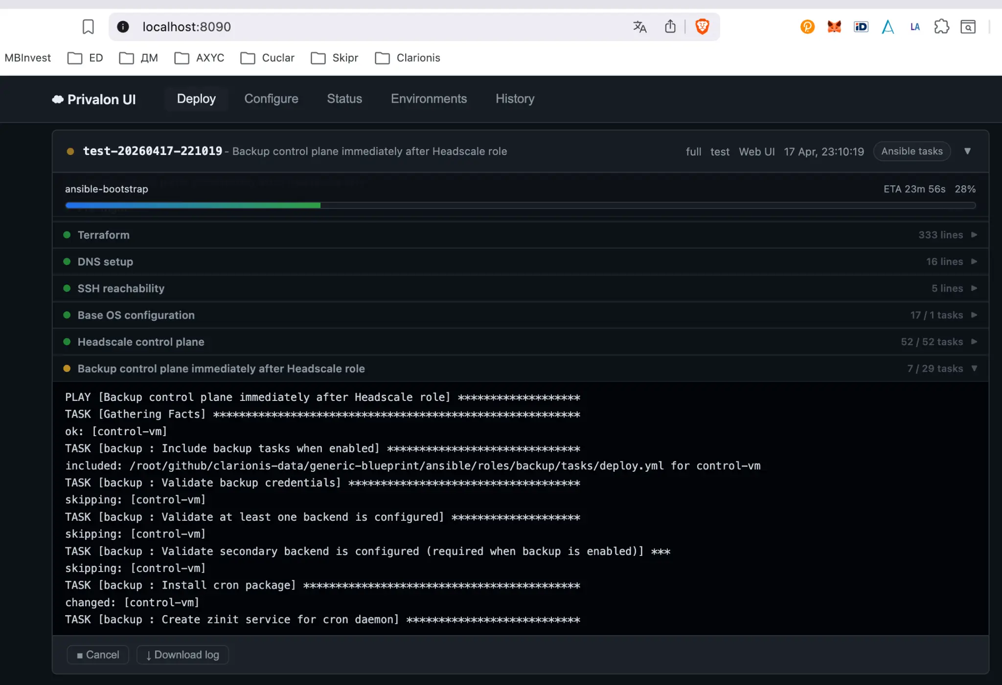 Privalon Web UI - Live Ansible log stream